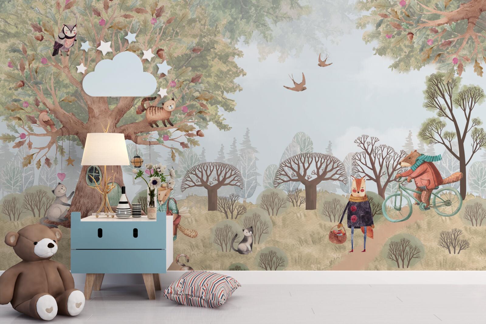 Papier peint une maison d'animaux dans un arbre magique