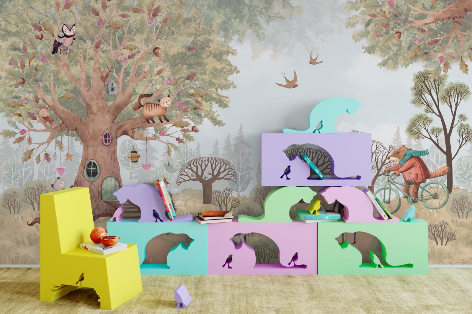 Papier peint une maison d'animaux dans un arbre magique