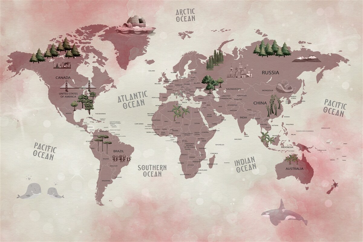Papier peint carte du monde avec les forêts marquées