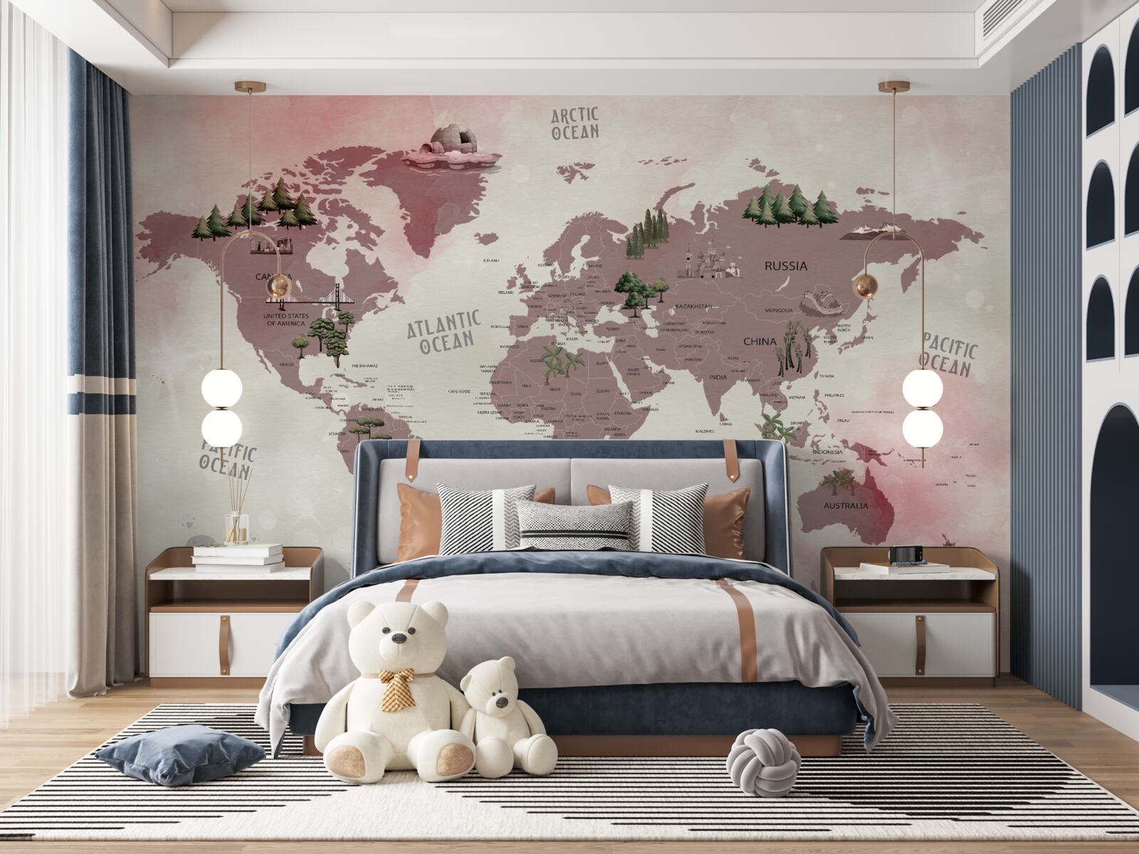 Papier peint carte du monde avec les forêts marquées