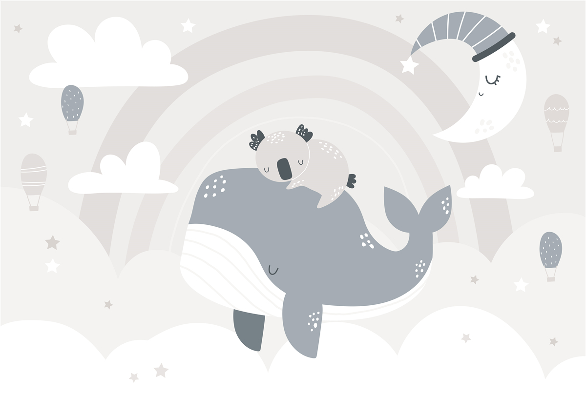 Papier peint dans les nuages, un koala dort sur le dos d'une baleine