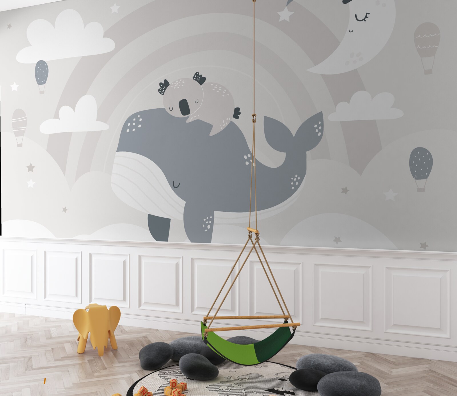 Papier peint dans les nuages, un koala dort sur le dos d'une baleine