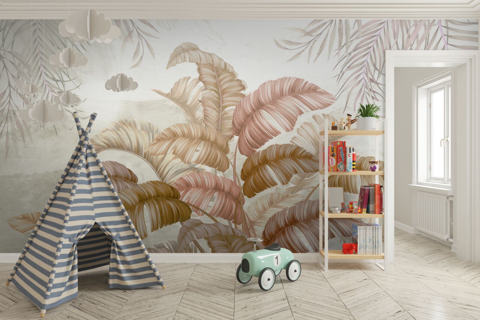 Papier peint arbuste tropical puissant avec des feuilles