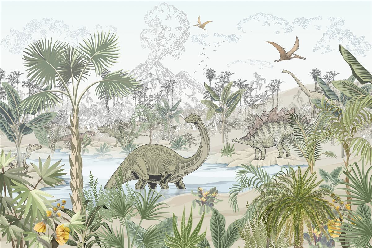 Papier peint il y a des dinosaures dans la forêt près de l'eau