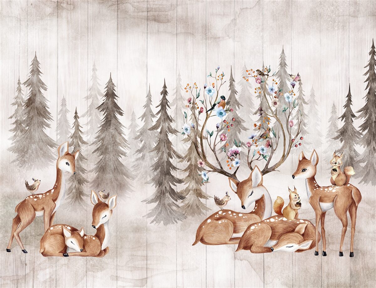 Papier peint une grande famille de cerfs se reposant dans la forêt