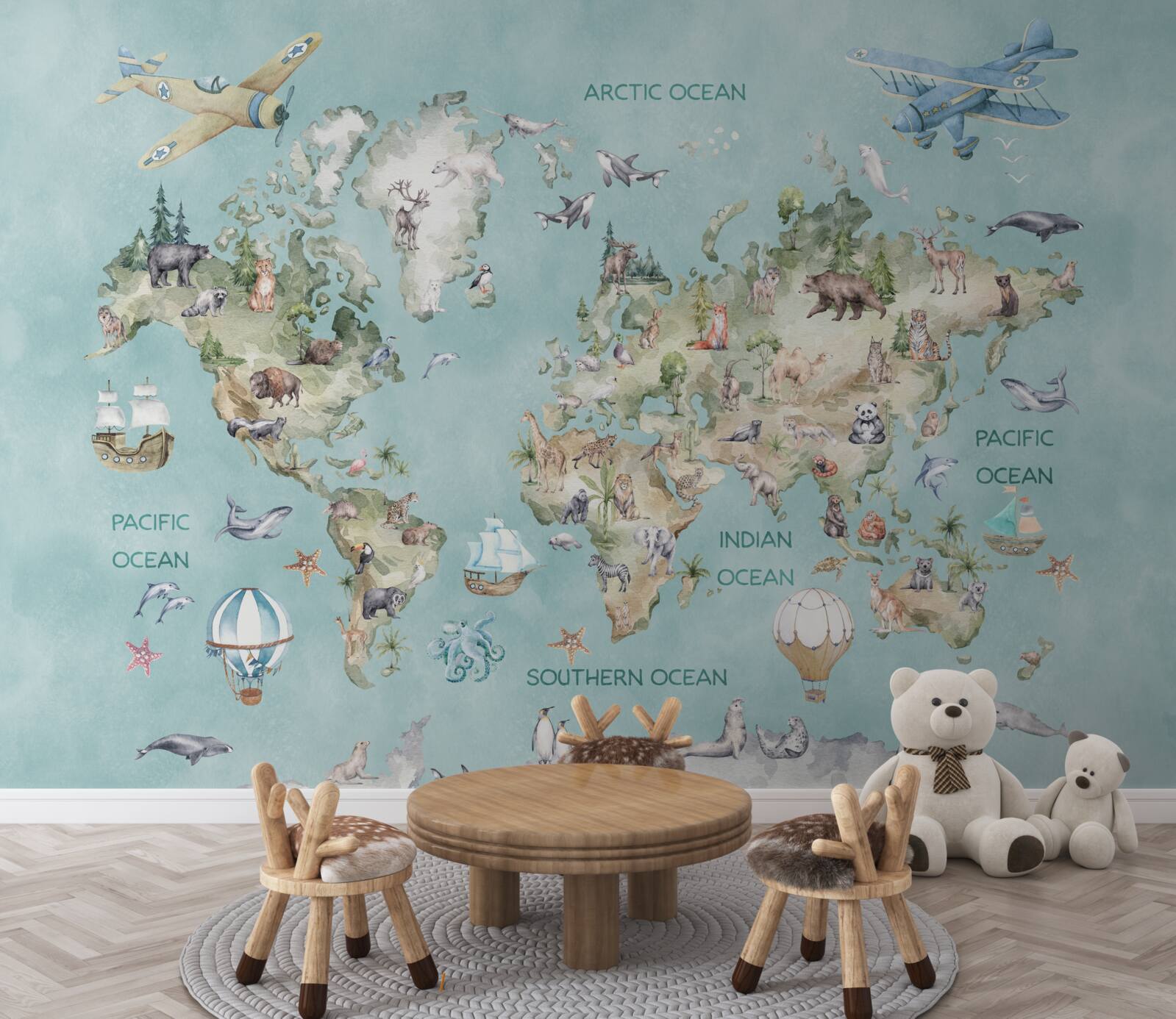 Papier peint carte du monde pour enfants avec les océans