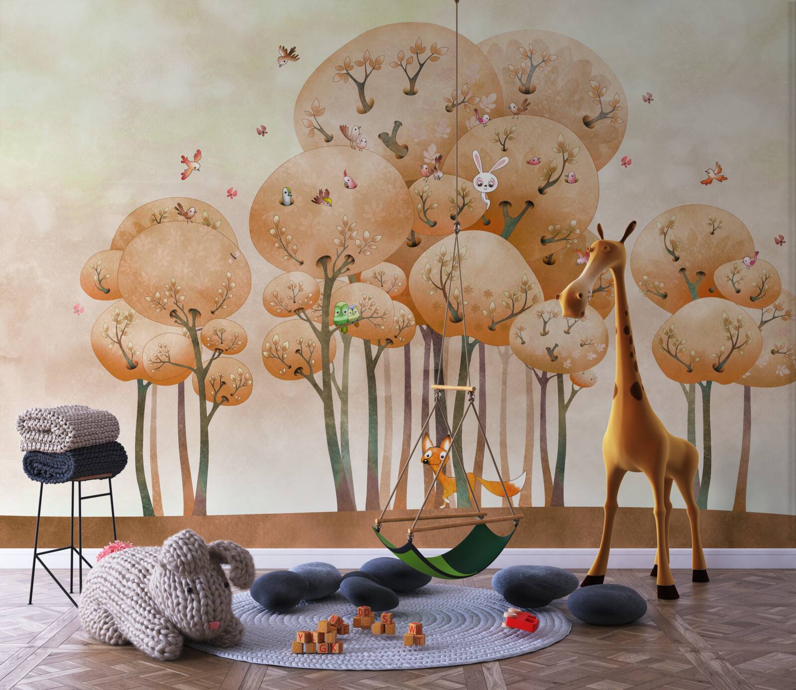 Papier peint Un renard cherche un lapin dans un arbre