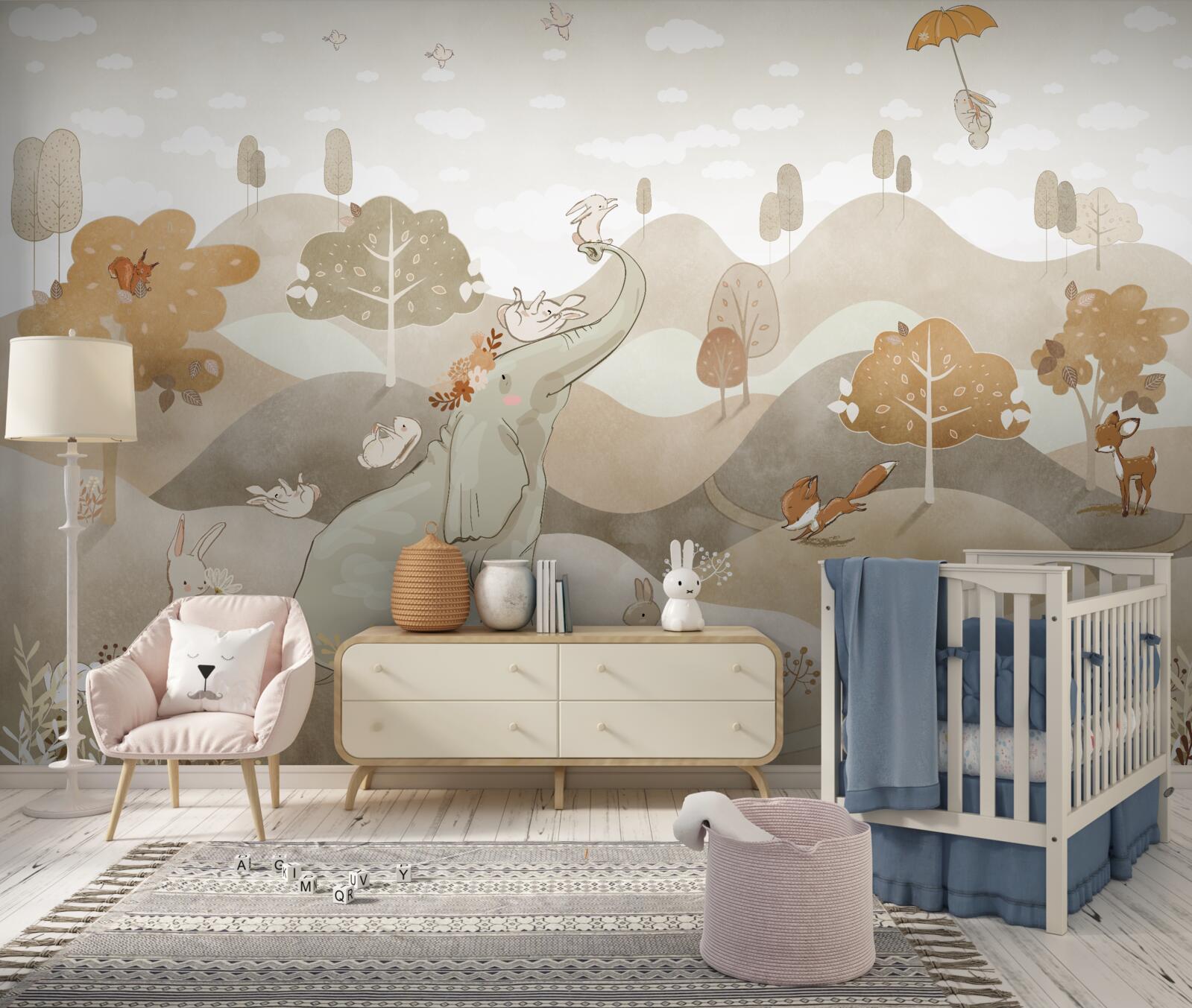 Papier peint Le petit éléphant joue avec les lapins