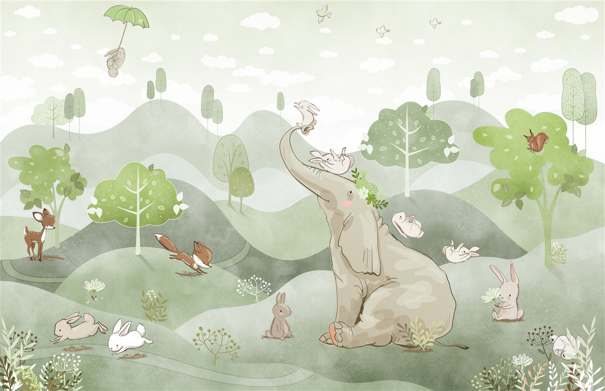 Papier peint L'éléphant reçoit des vœux d'animaux