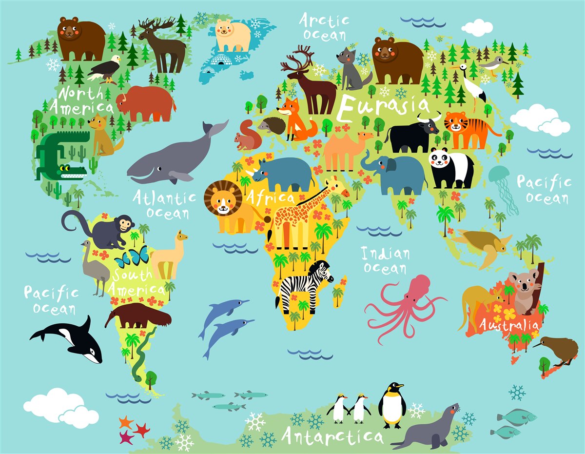 Papier peint une carte du monde pour les enfants et les continents