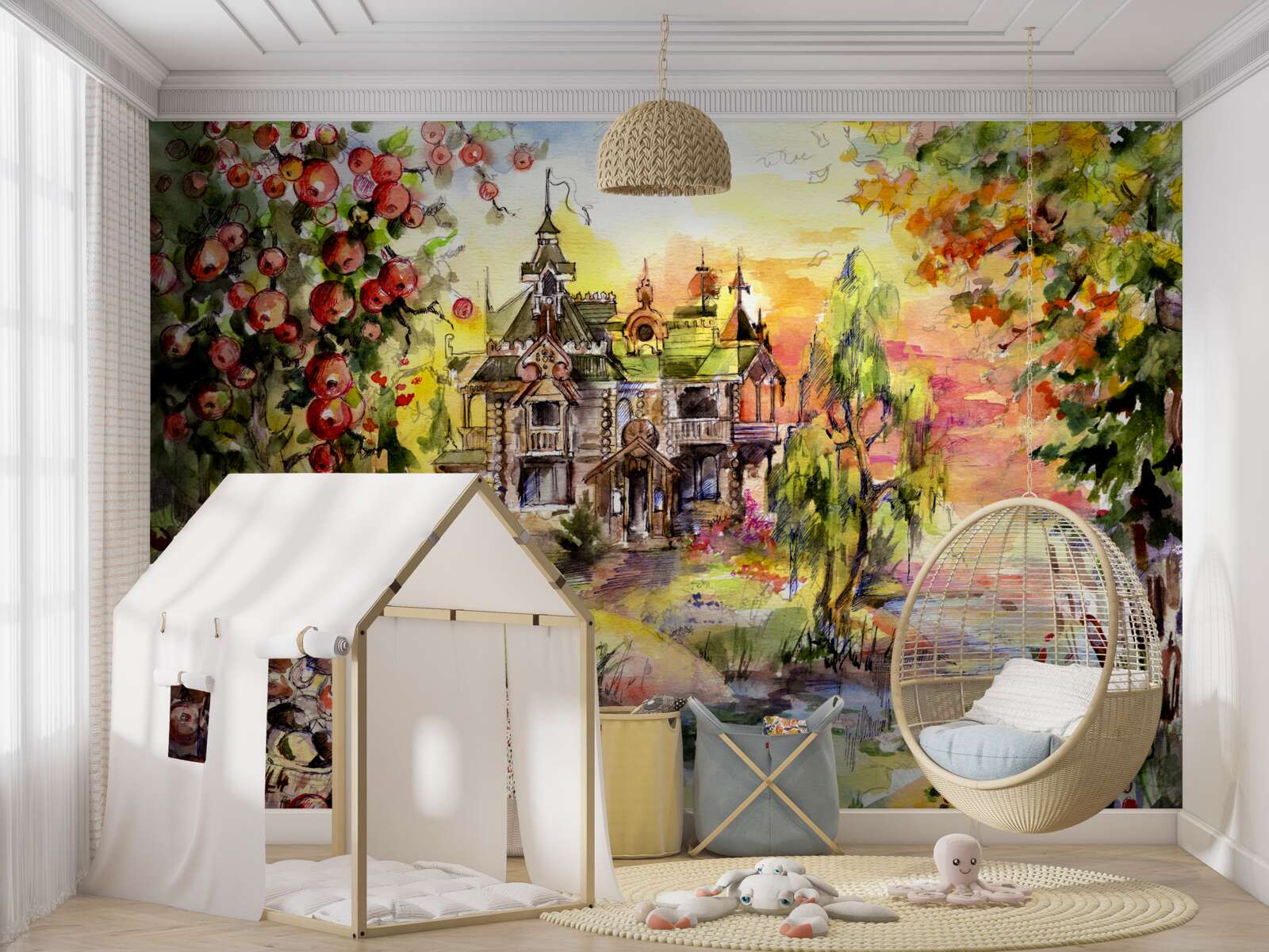 Papier peint maison de conte de fées au bord d'une rivière forestière