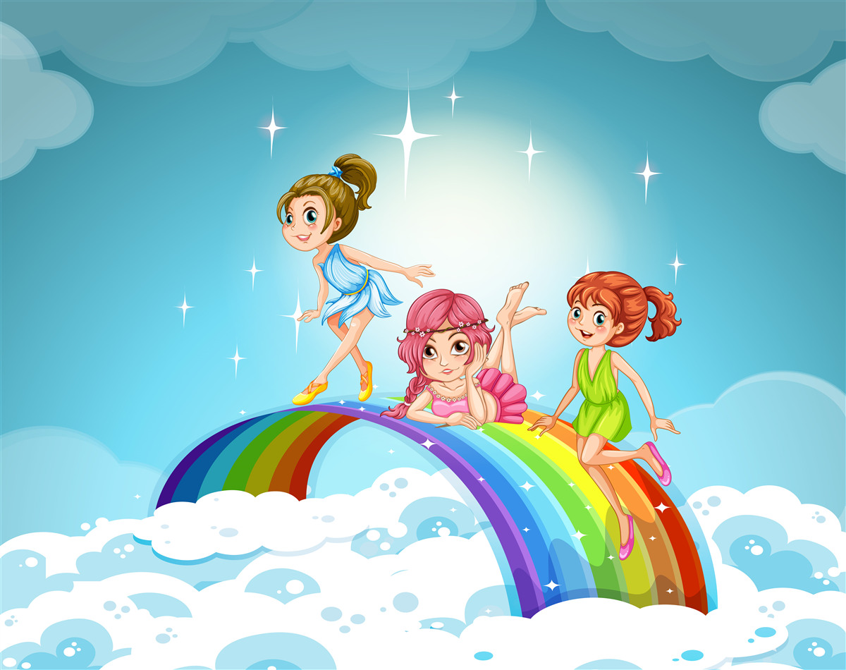 Papier peint filles parmi les nuages sur l'arc-en-ciel