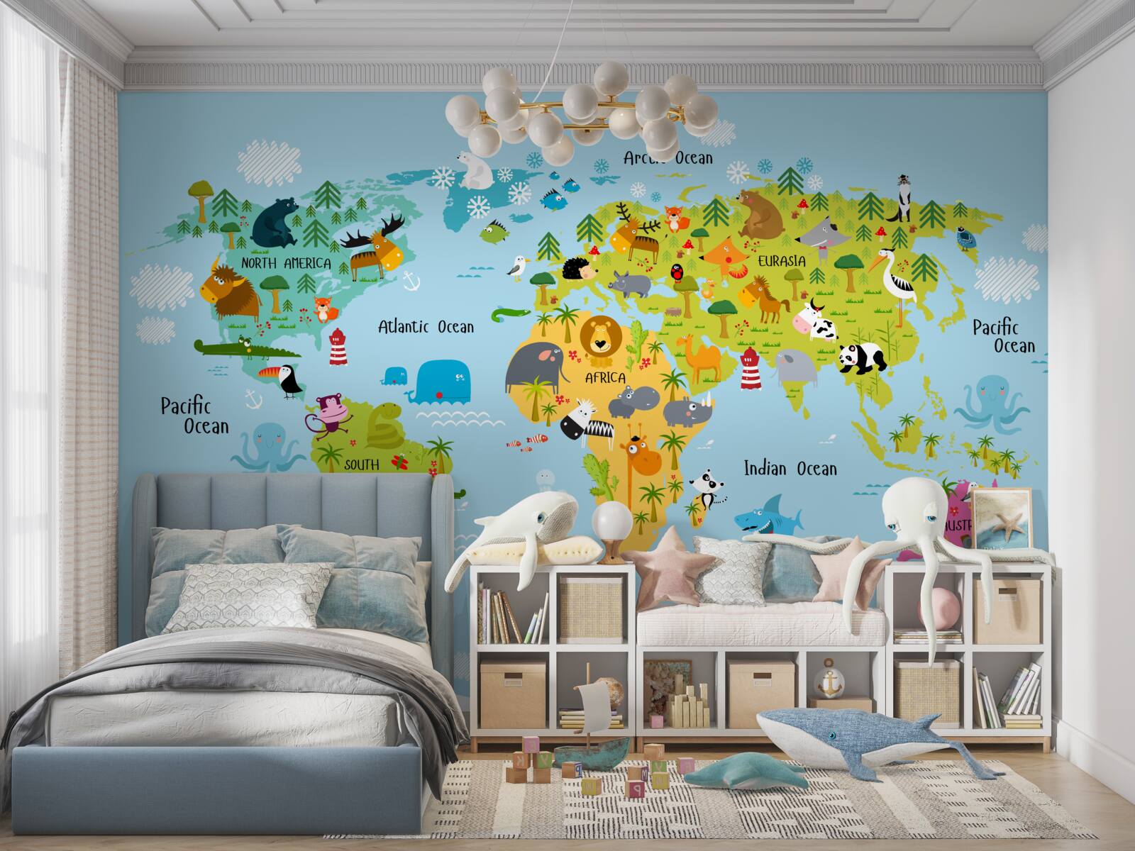 Papier peint Carte du monde pour enfants avec images d'animaux