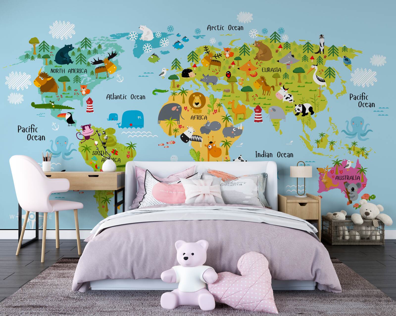 Papier peint Carte du monde pour enfants avec images d'animaux
