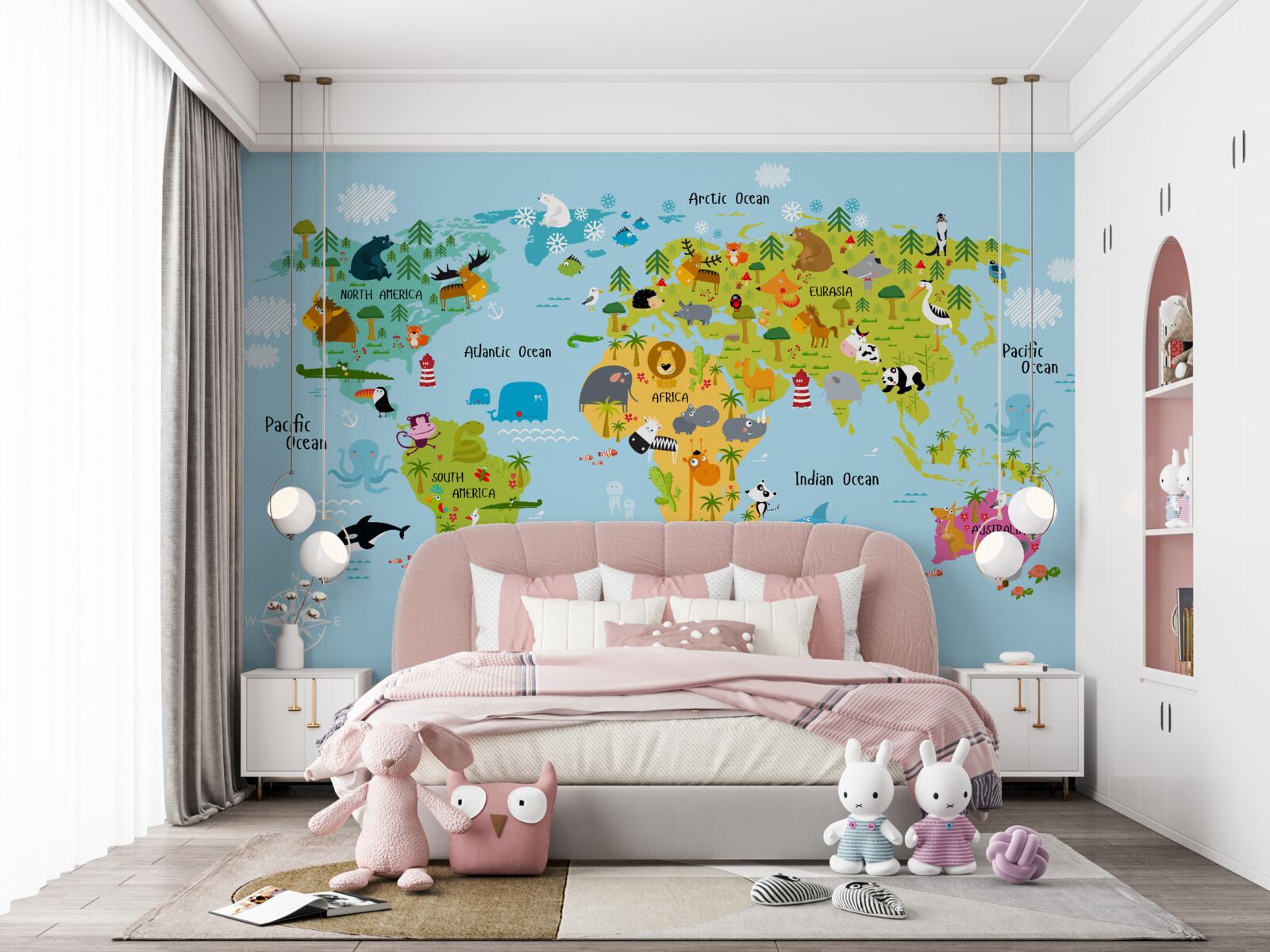 Papier peint Carte du monde pour enfants avec images d'animaux