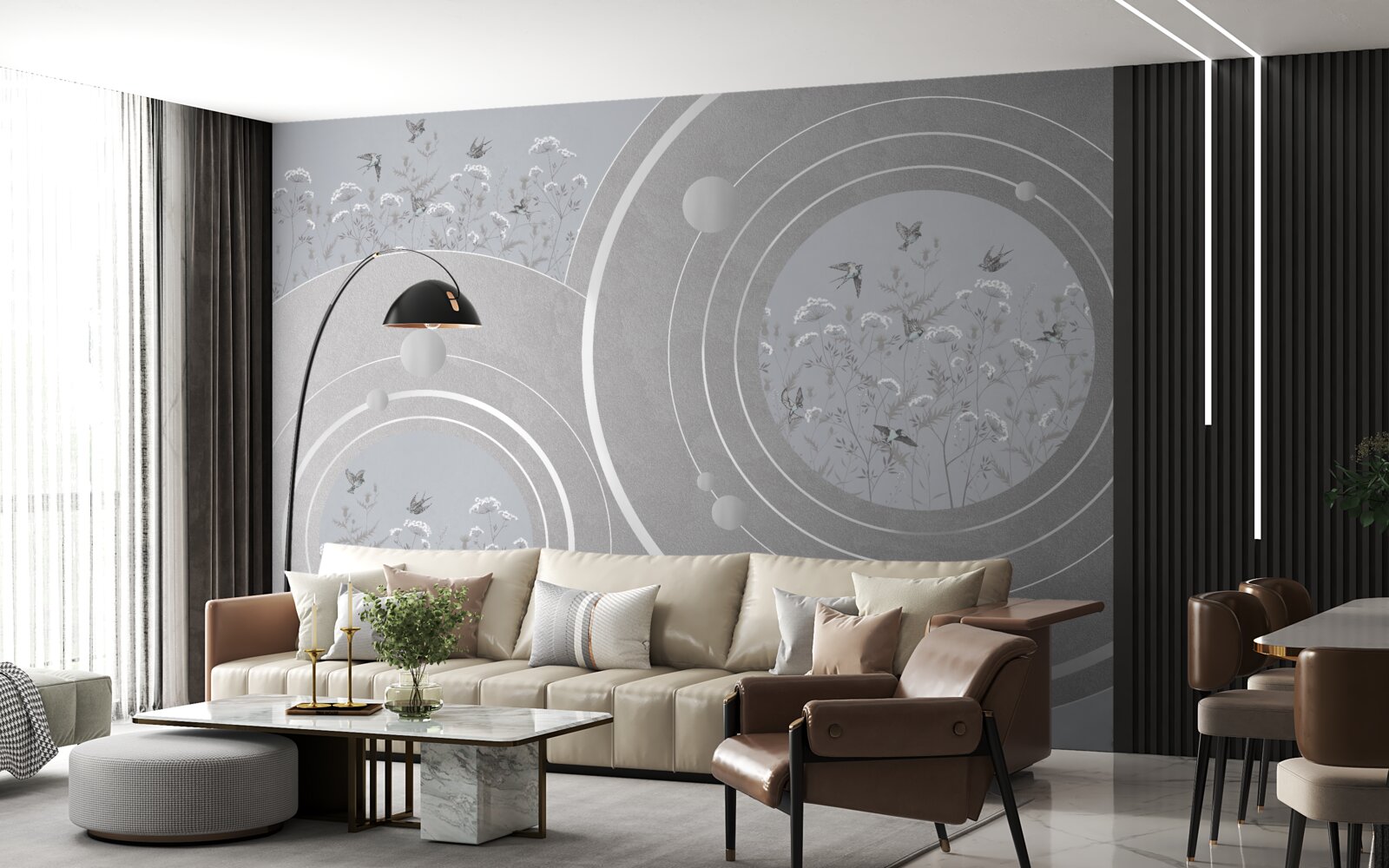 Papier peint formes florales et cercles abstraits