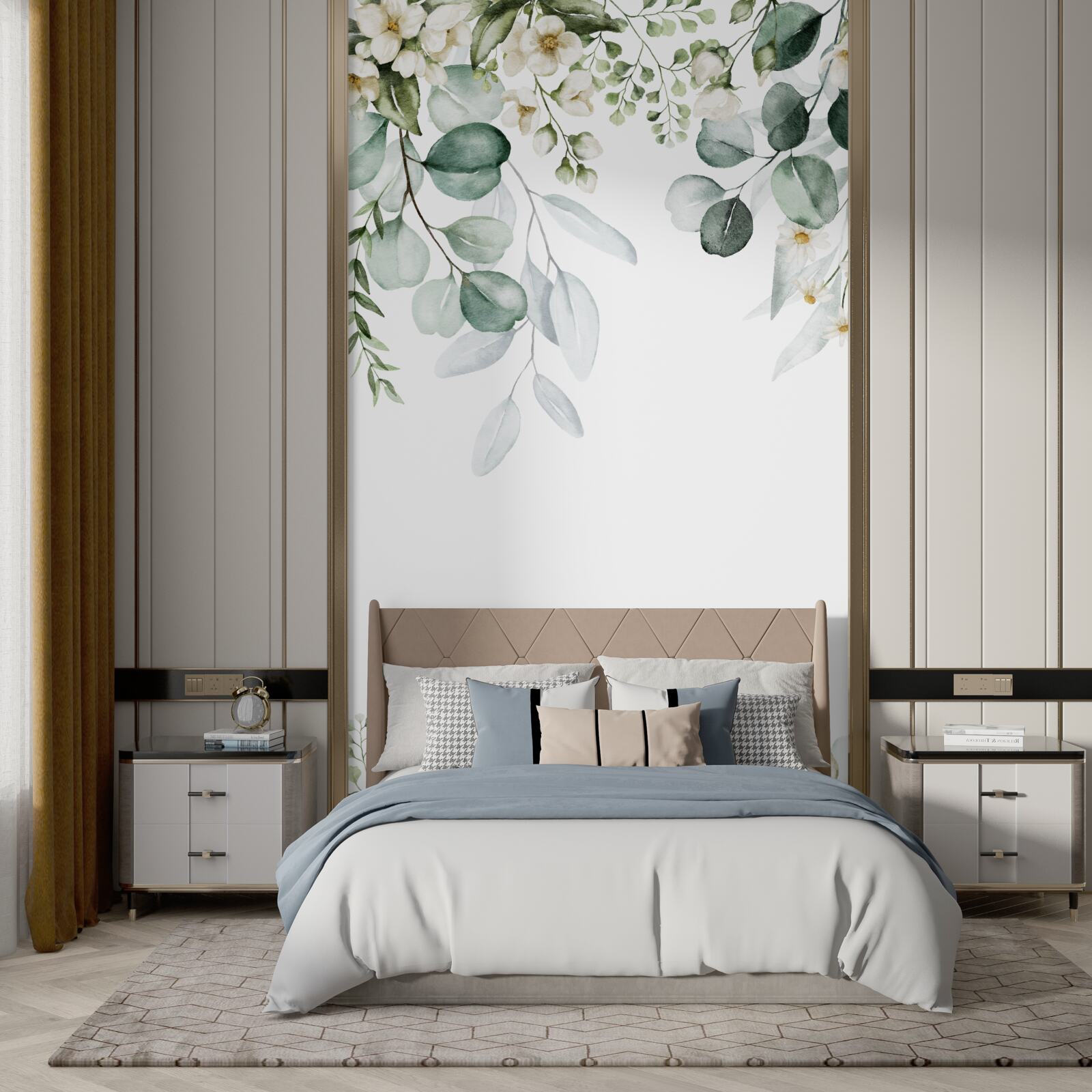 Papier peint fleurs blanches et eucalyptus