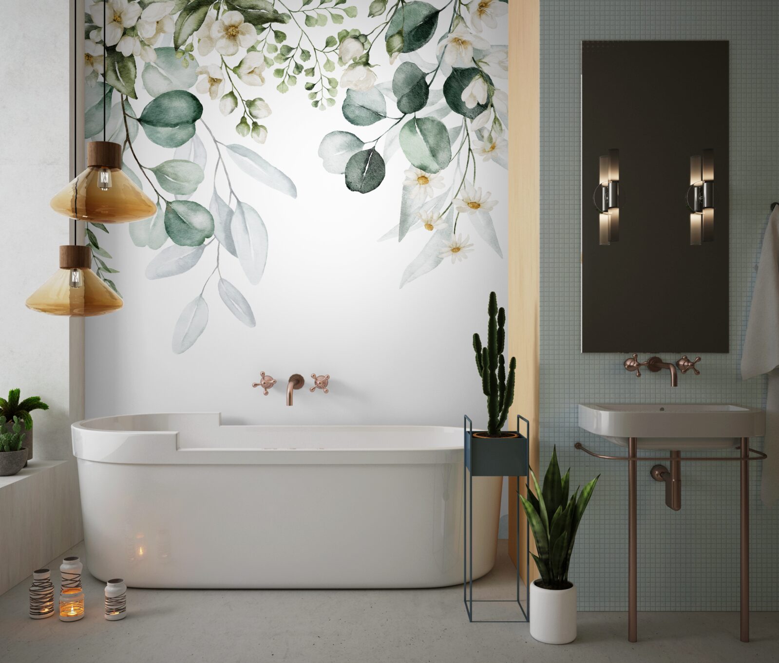 Papier peint fleurs blanches et eucalyptus