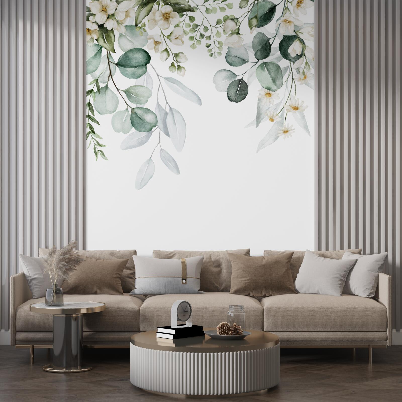 Papier peint fleurs blanches et eucalyptus