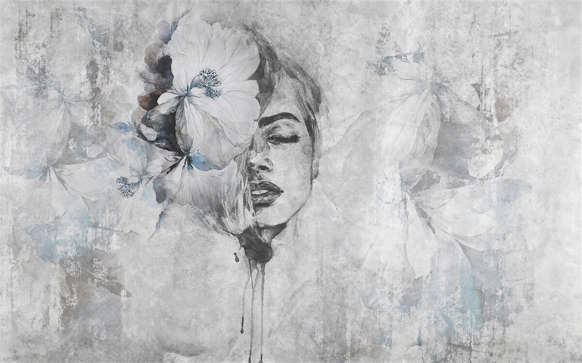 Papier peint abstrait : fleur blanche et fille