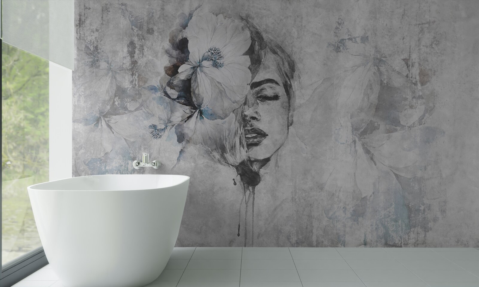 Papier peint abstrait : fleur blanche et fille