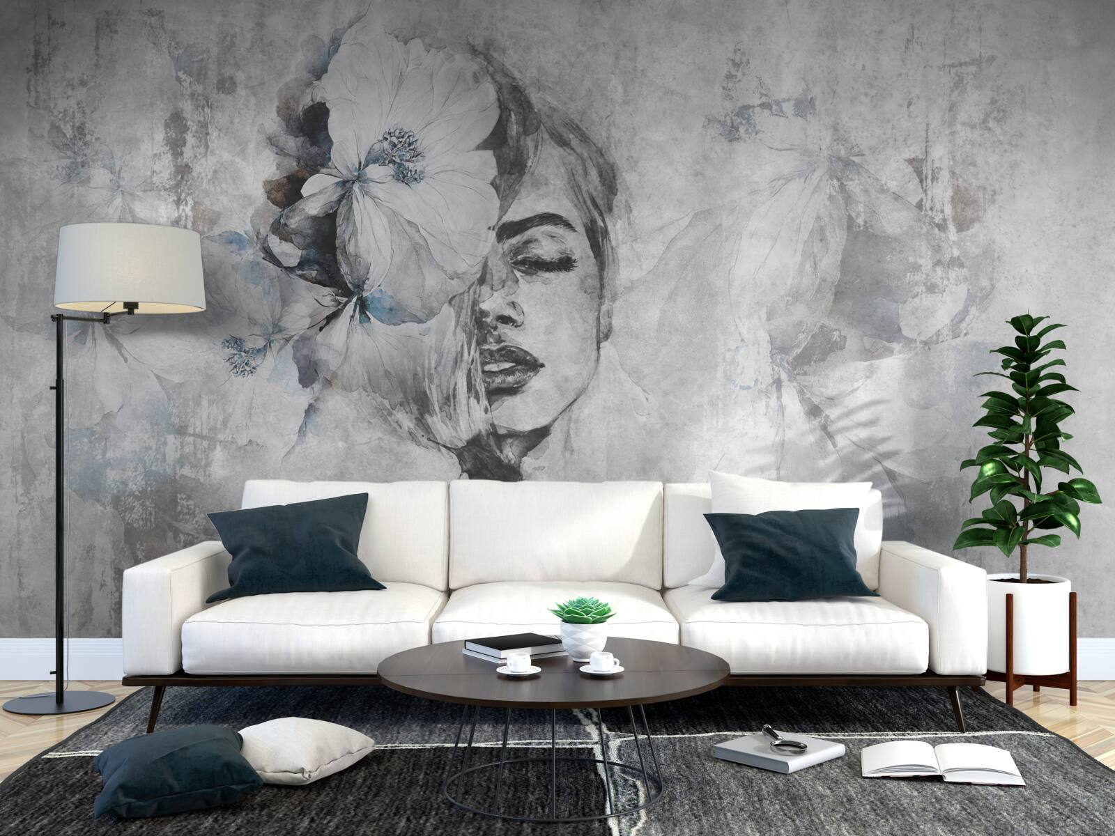 Papier peint abstrait : fleur blanche et fille