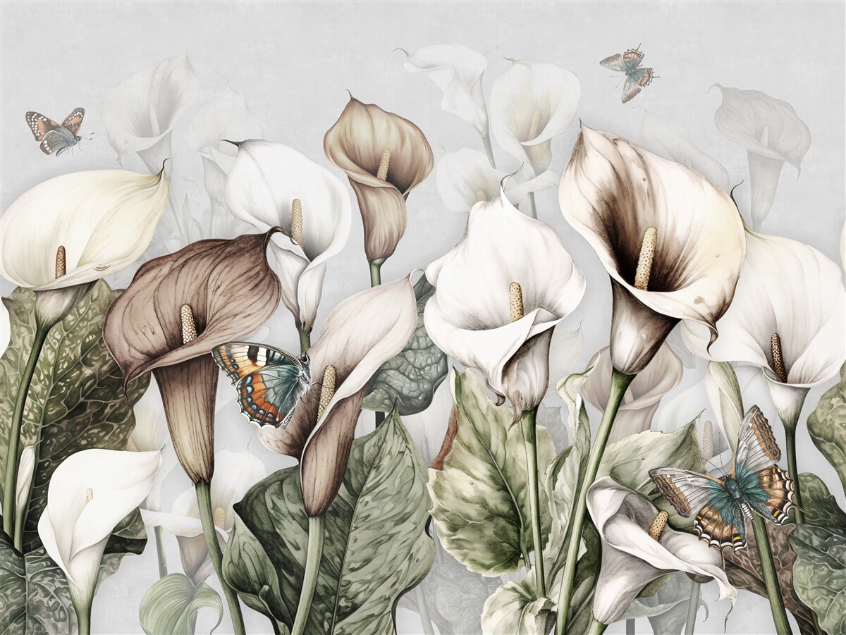 Papier peint les kales sont blancs et bruns avec des papillons
