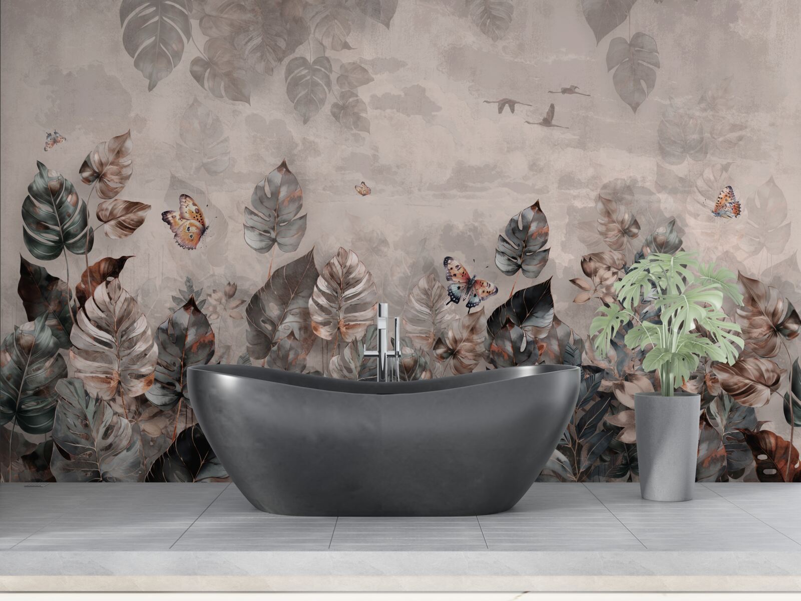 Papier peint plantes tropicales avec papillons et oiseaux