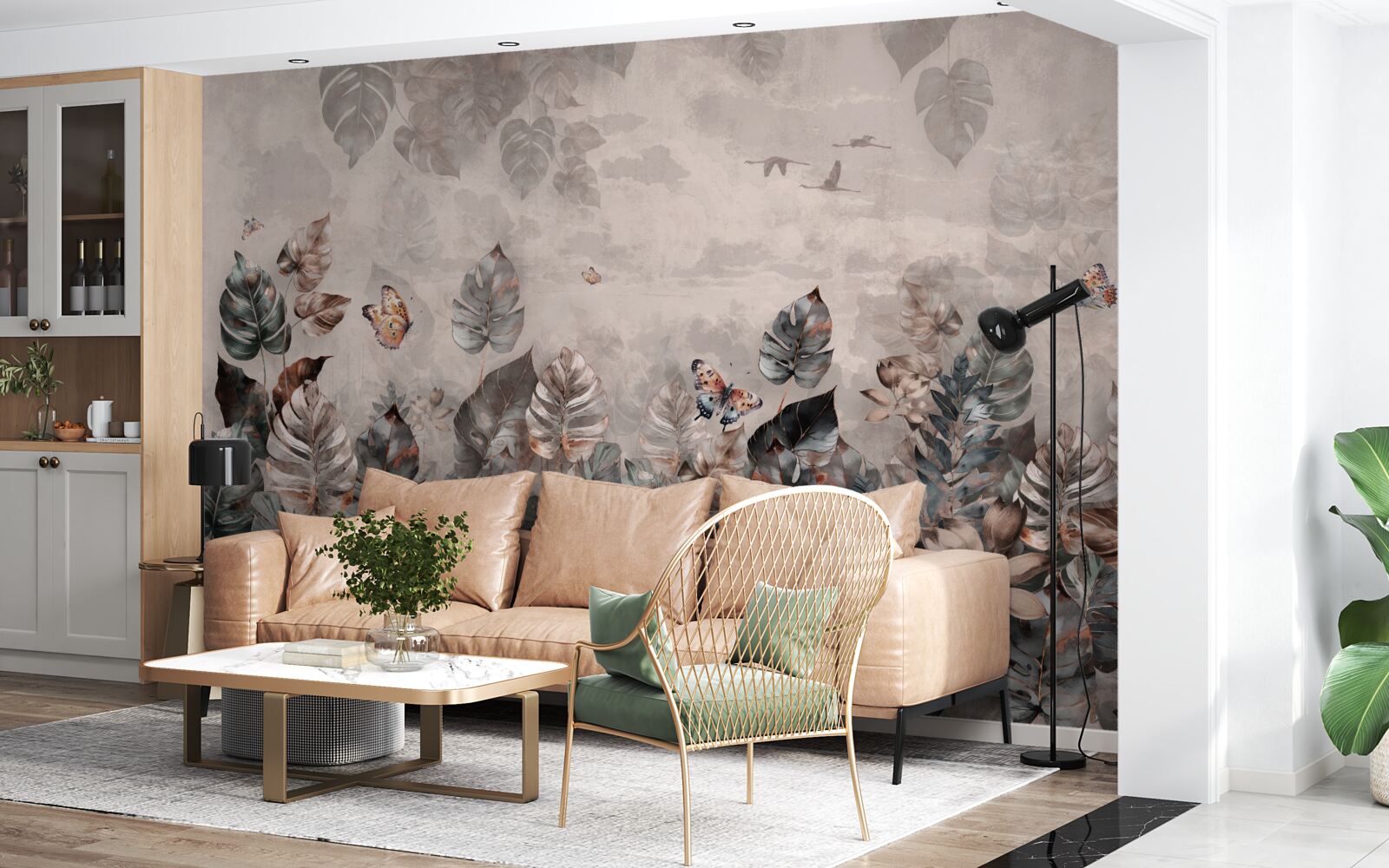 Papier peint plantes tropicales avec papillons et oiseaux