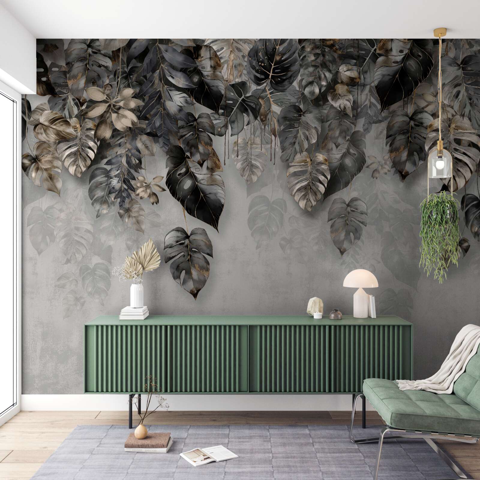 Papier peint Feuilles de monstera aux teintes dorées et noires dans la brume du matin