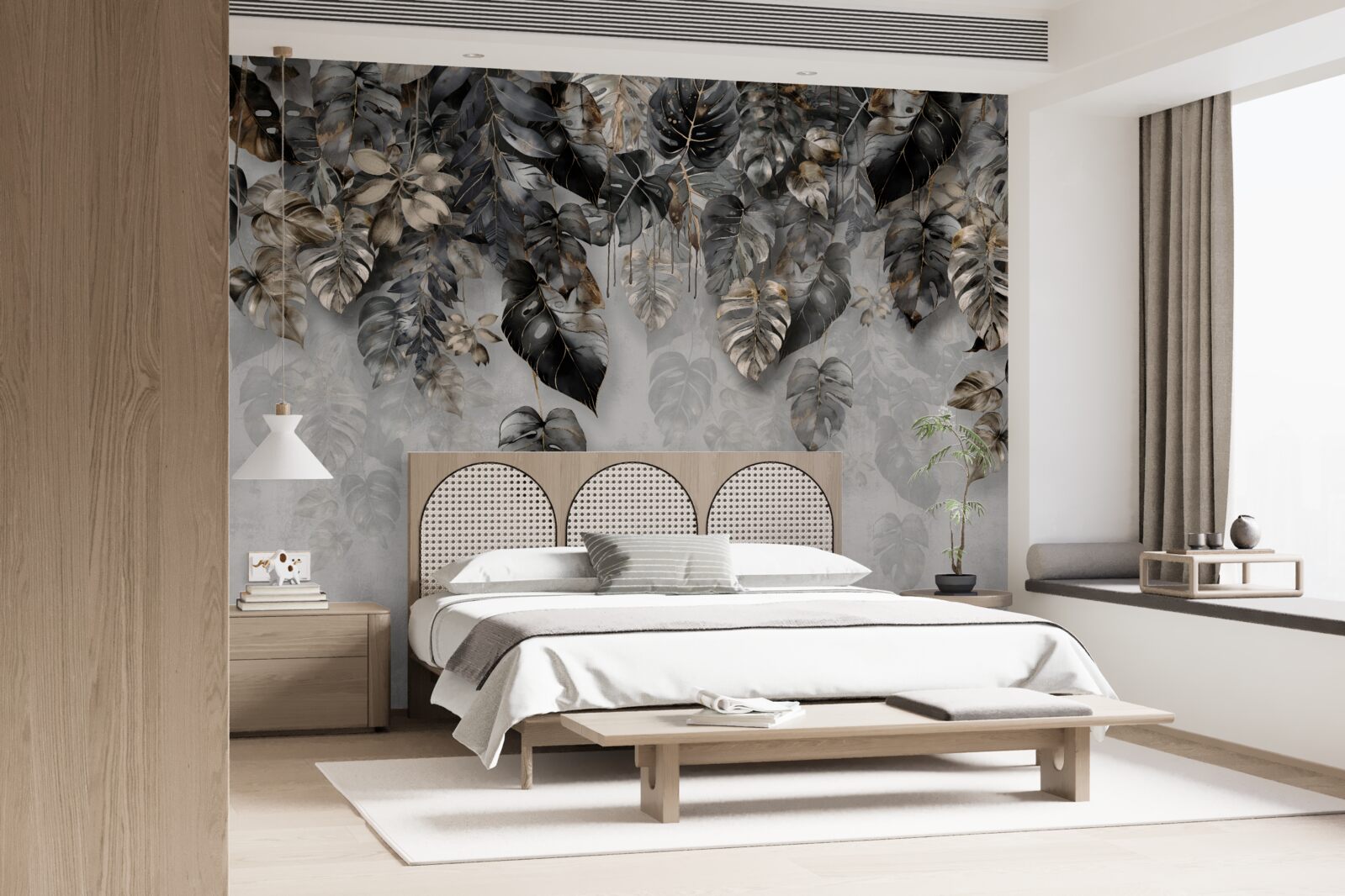 Papier peint Feuilles de monstera aux teintes dorées et noires dans la brume du matin