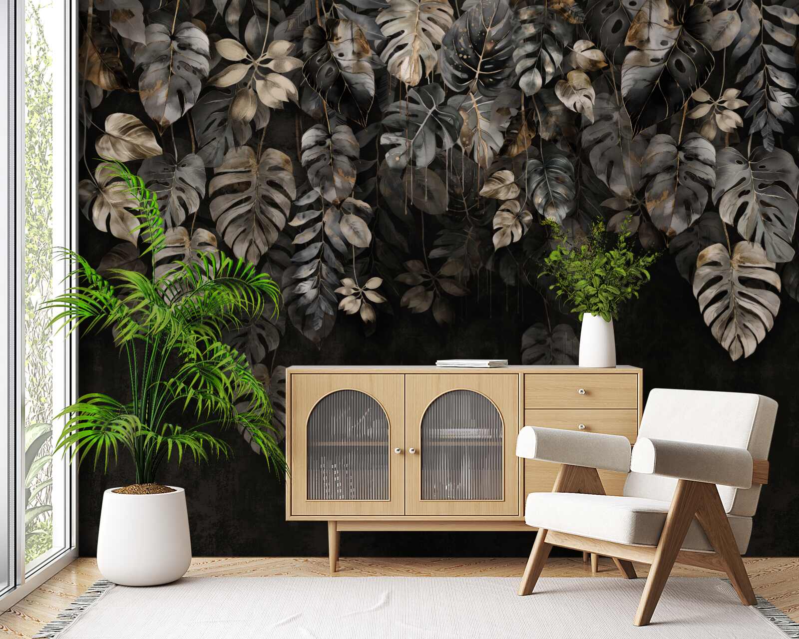 Papier peint grandes feuilles de monstera la nuit