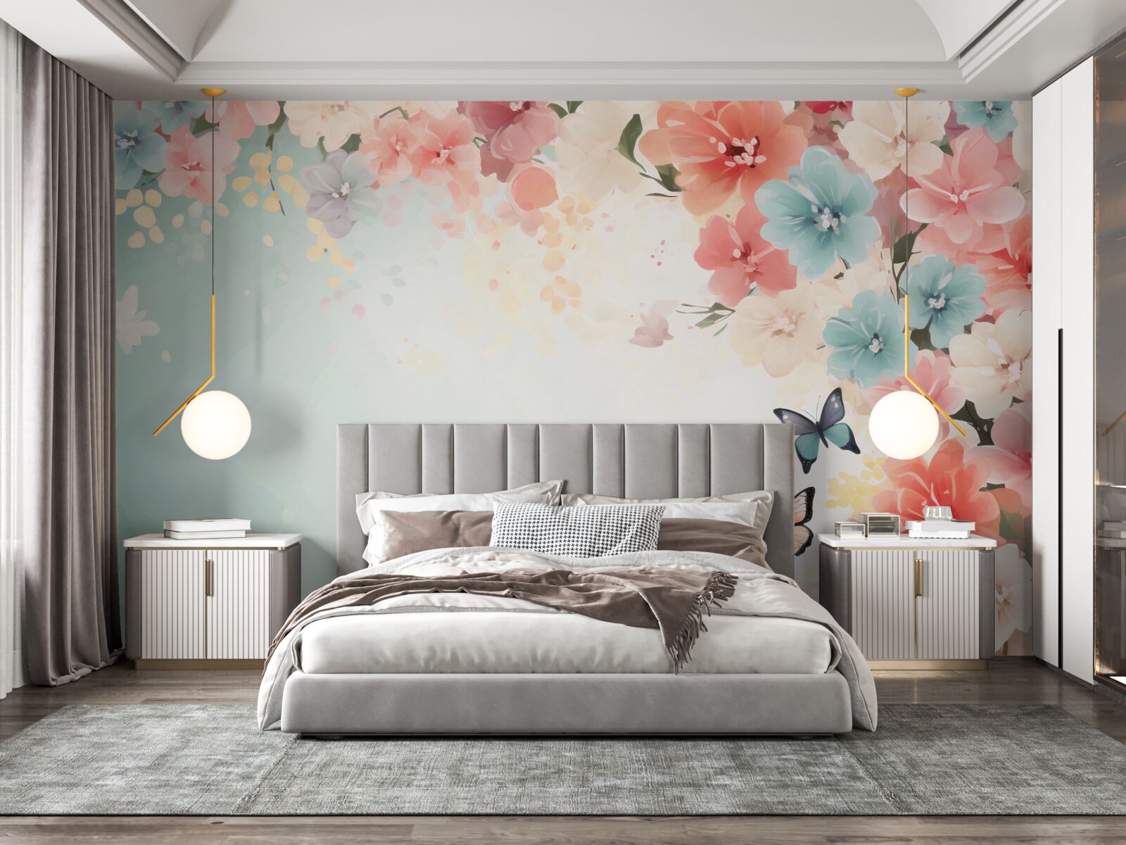 Papier peint compositions florales gracieuses et papillons de nuit
