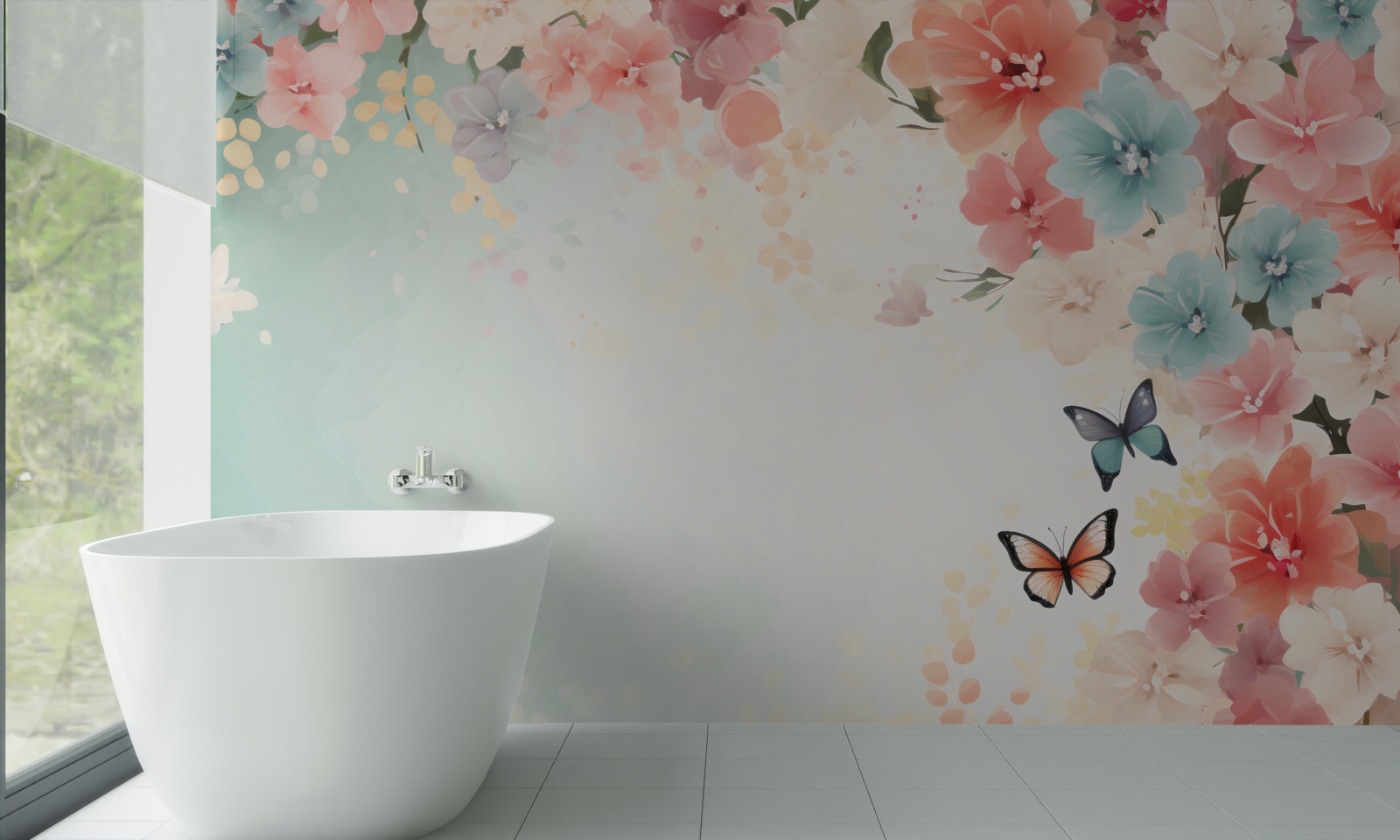 Papier peint compositions florales gracieuses et papillons de nuit