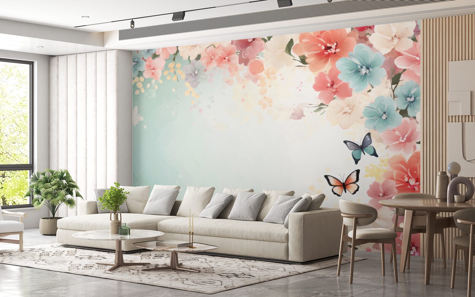 Papier peint compositions florales gracieuses et papillons de nuit