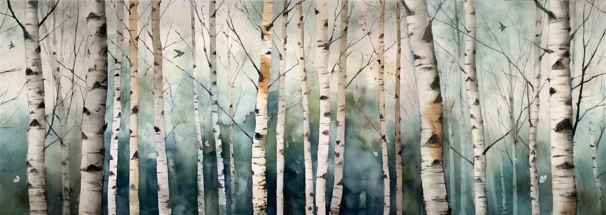 Papier peint aquarelle représentant un bosquet de bouleaux élancés