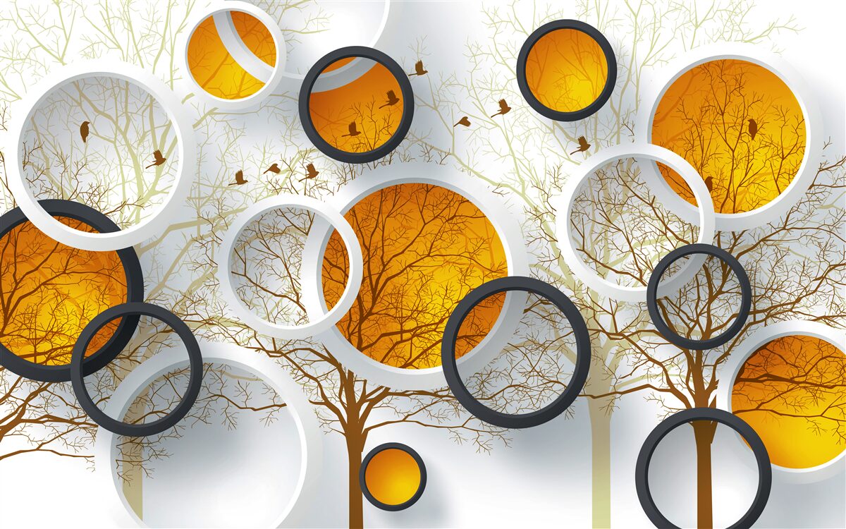 Papier peint des arbres en automne et des cercles blancs comme neige avec des