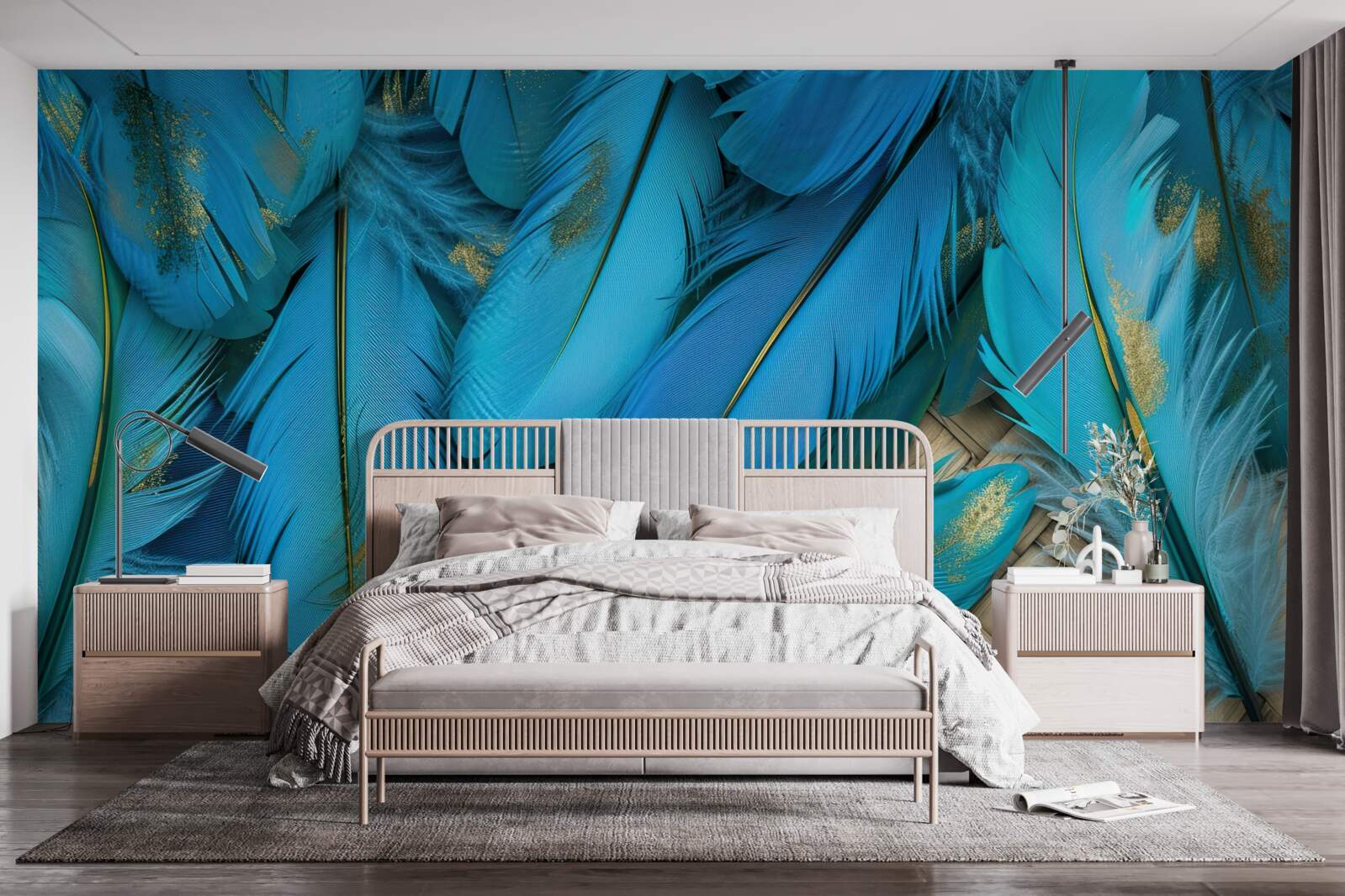 Papier peint belles plumes duveteuses d'une riche couleur bleue