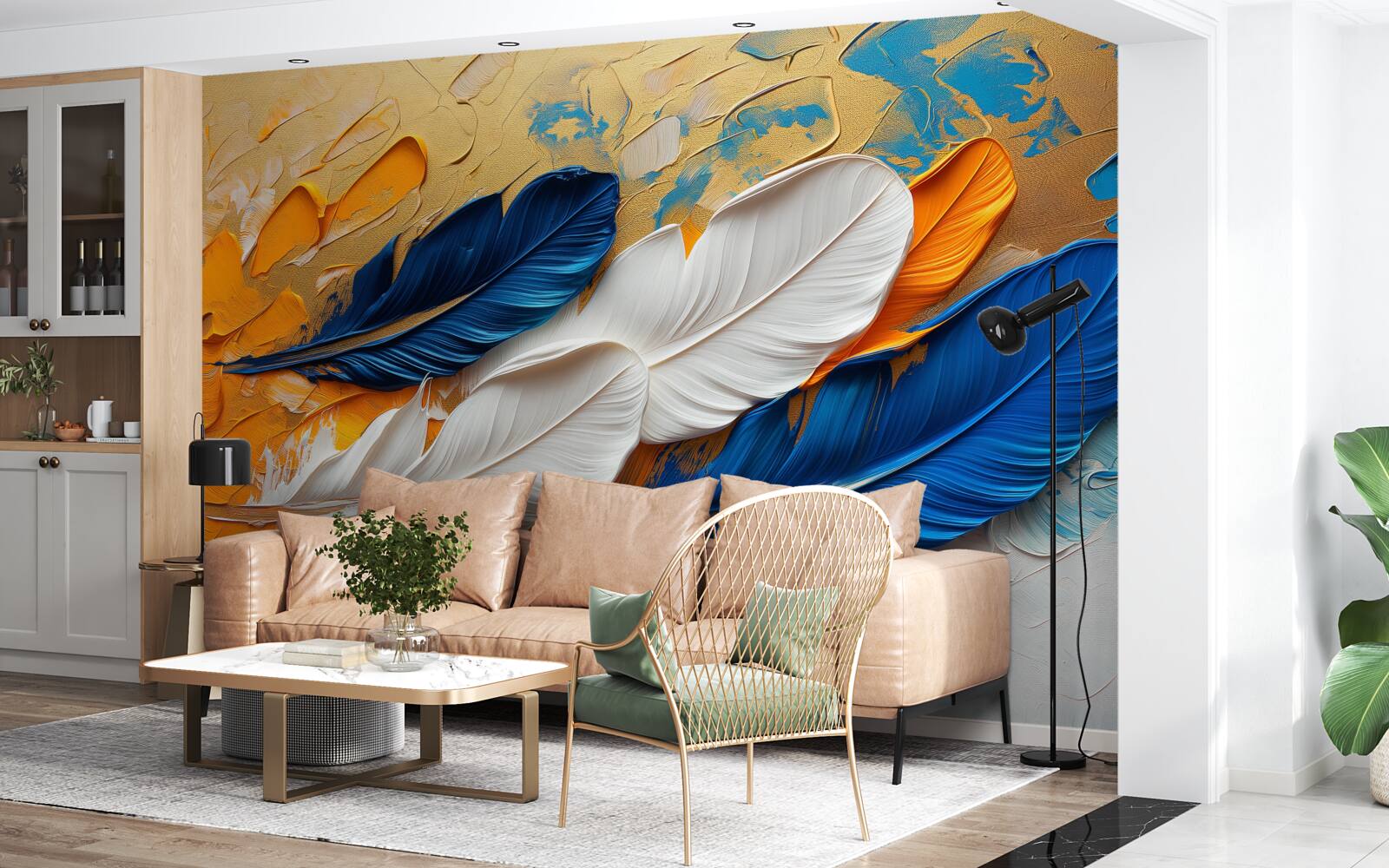 Papier peint peinture avec des plumes blanches et bleues