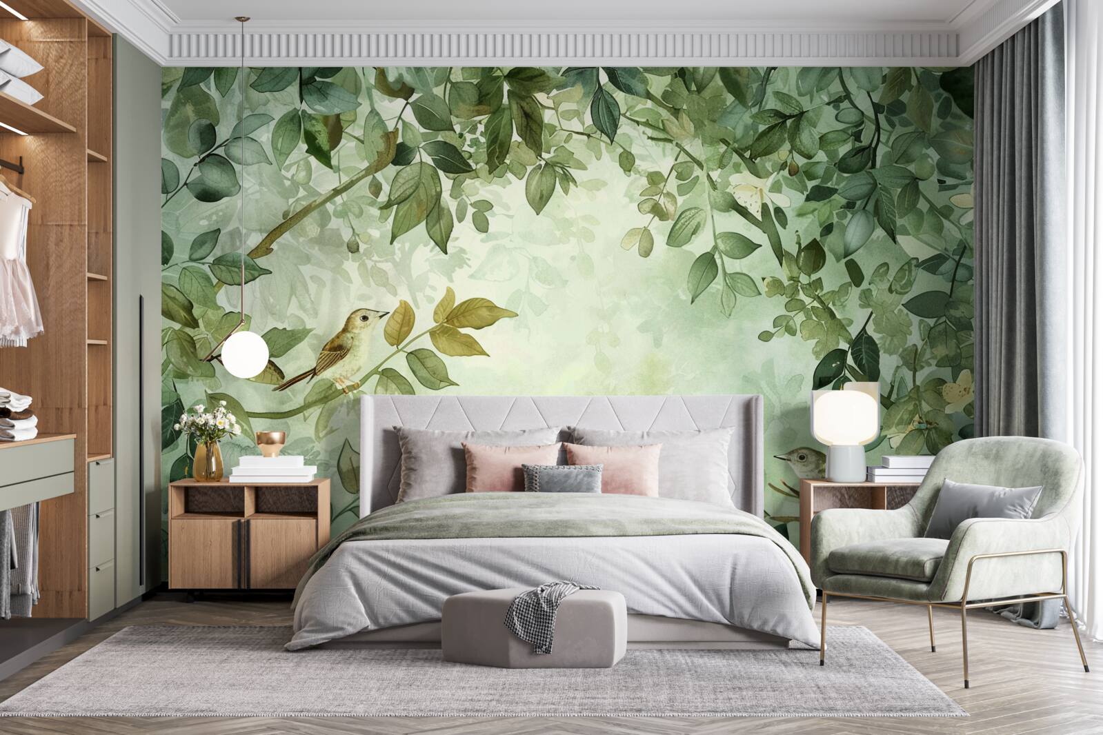 Papier peint des oiseaux parmi les feuilles vertes des arbres