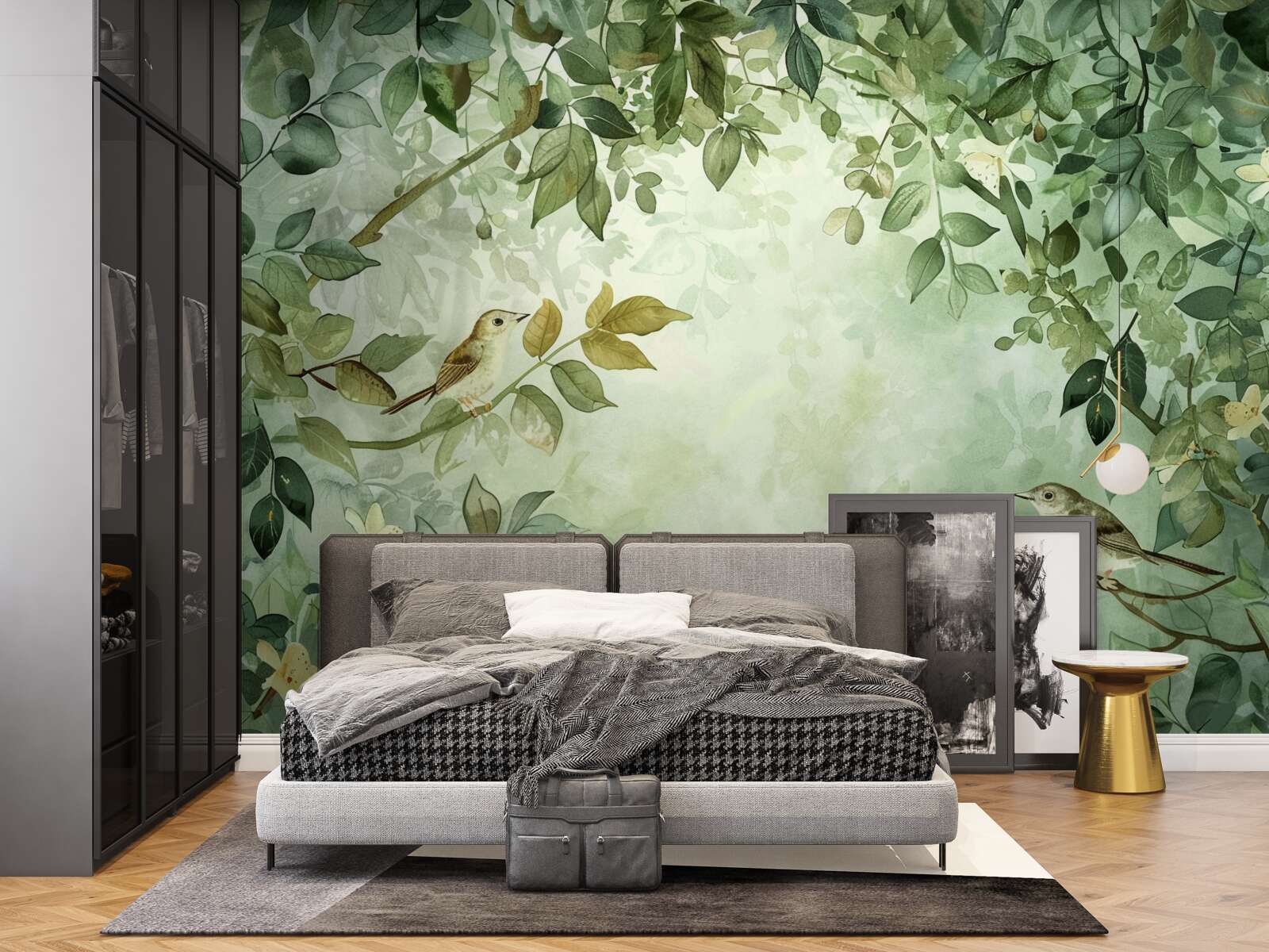Papier peint des oiseaux parmi les feuilles vertes des arbres