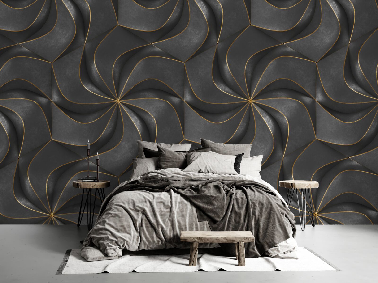 Papier peint motifs 3d foncés avec des accents dorés