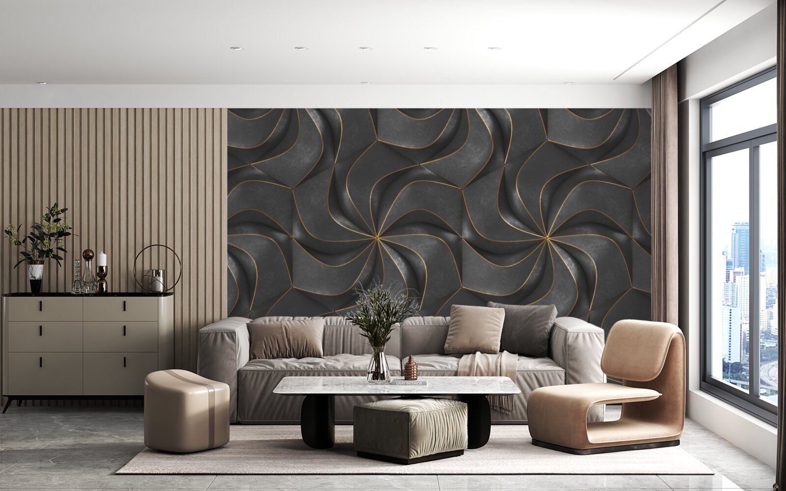 Papier peint motifs 3d foncés avec des accents dorés