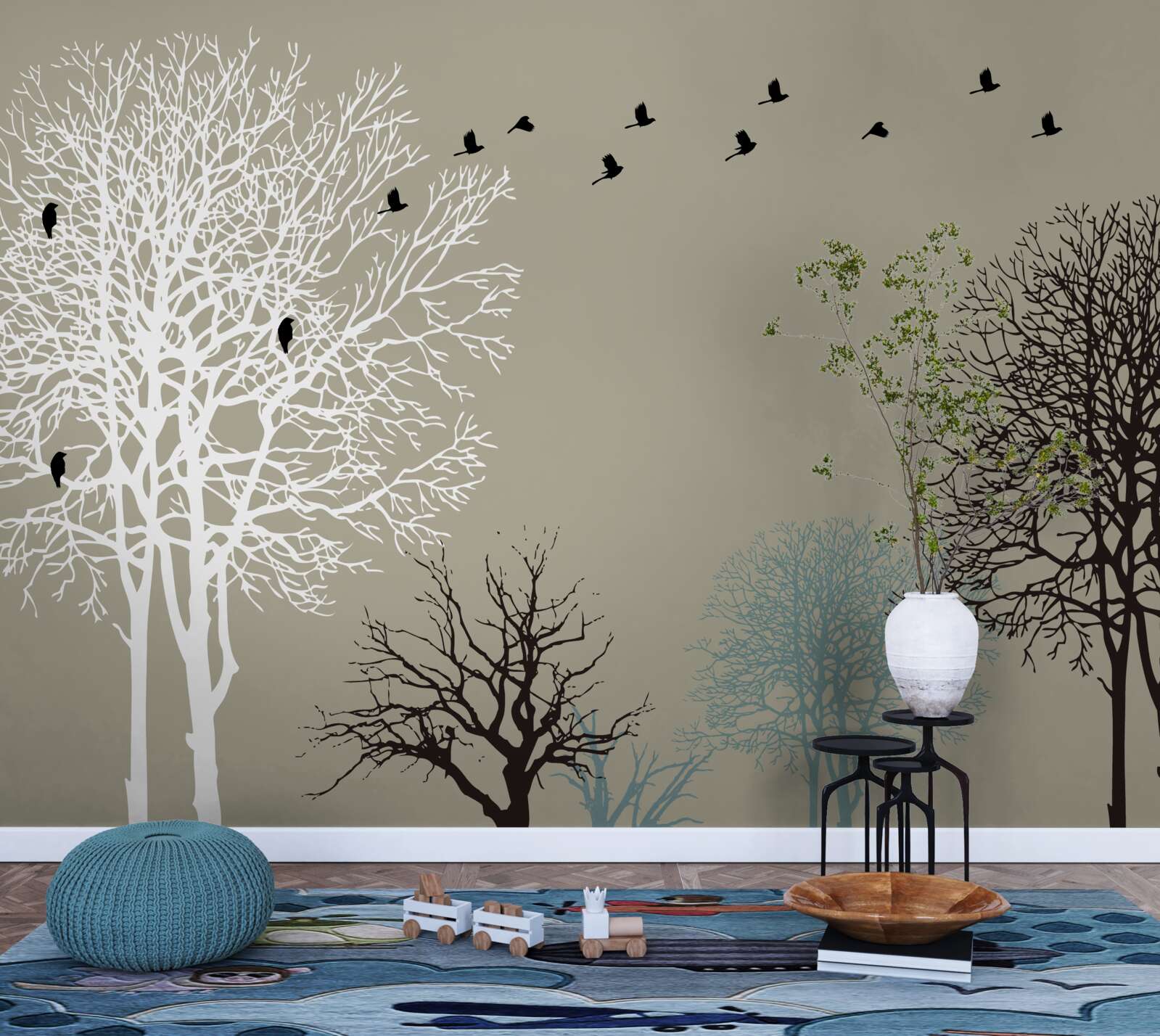 Papier peint les oiseaux volent au-dessus de la cime des arbres