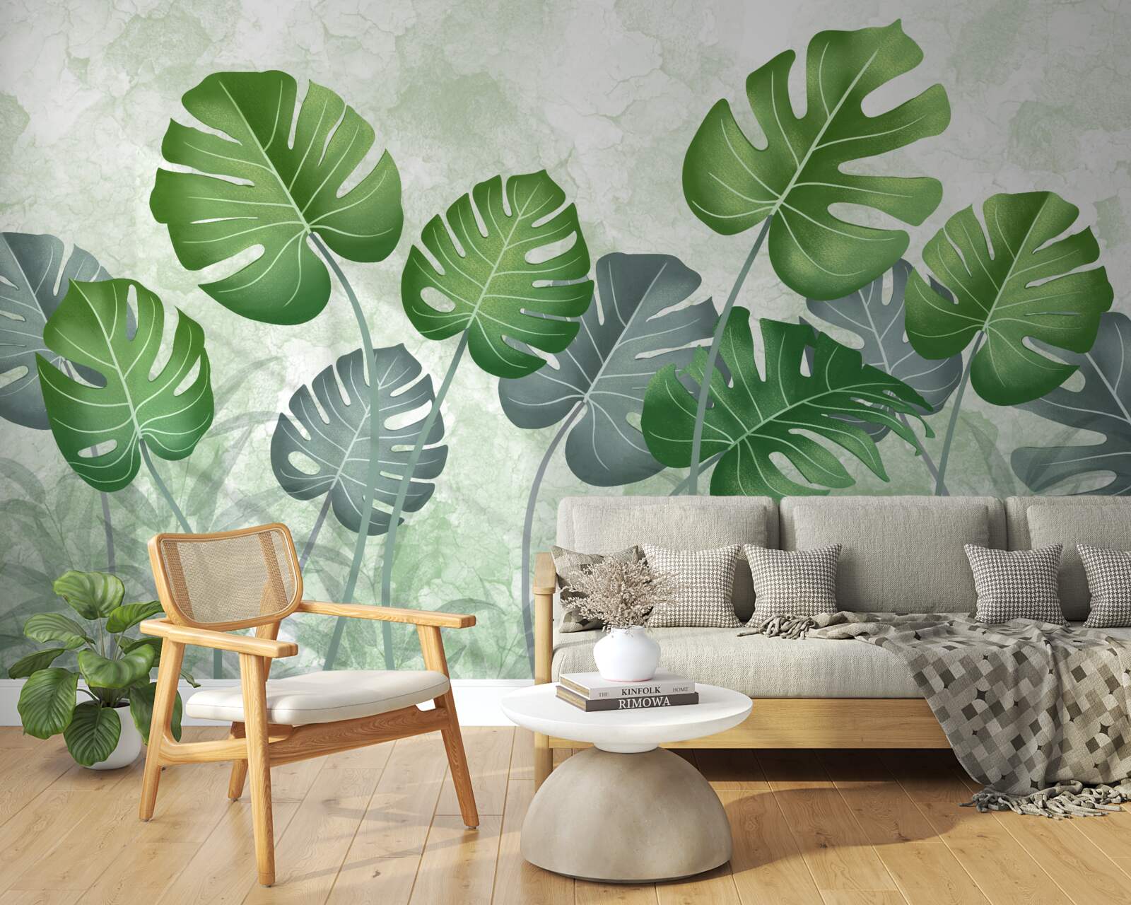 Papier peint grandes feuilles de monstera et de fougère