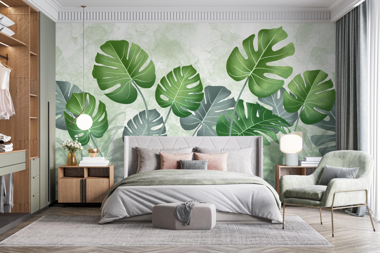 Papier peint grandes feuilles de monstera et de fougère