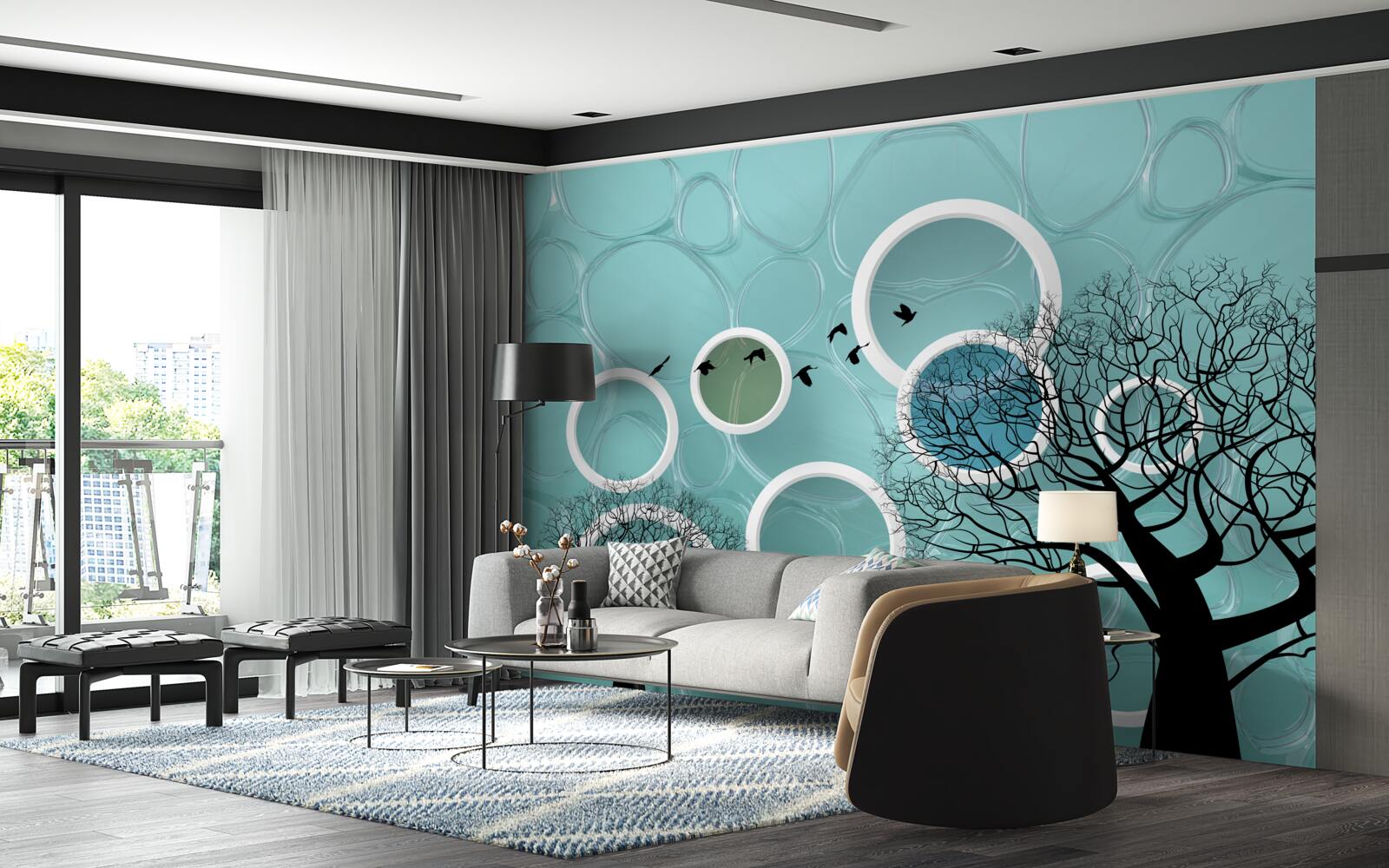 Papier peint cercles et arbres turquoise