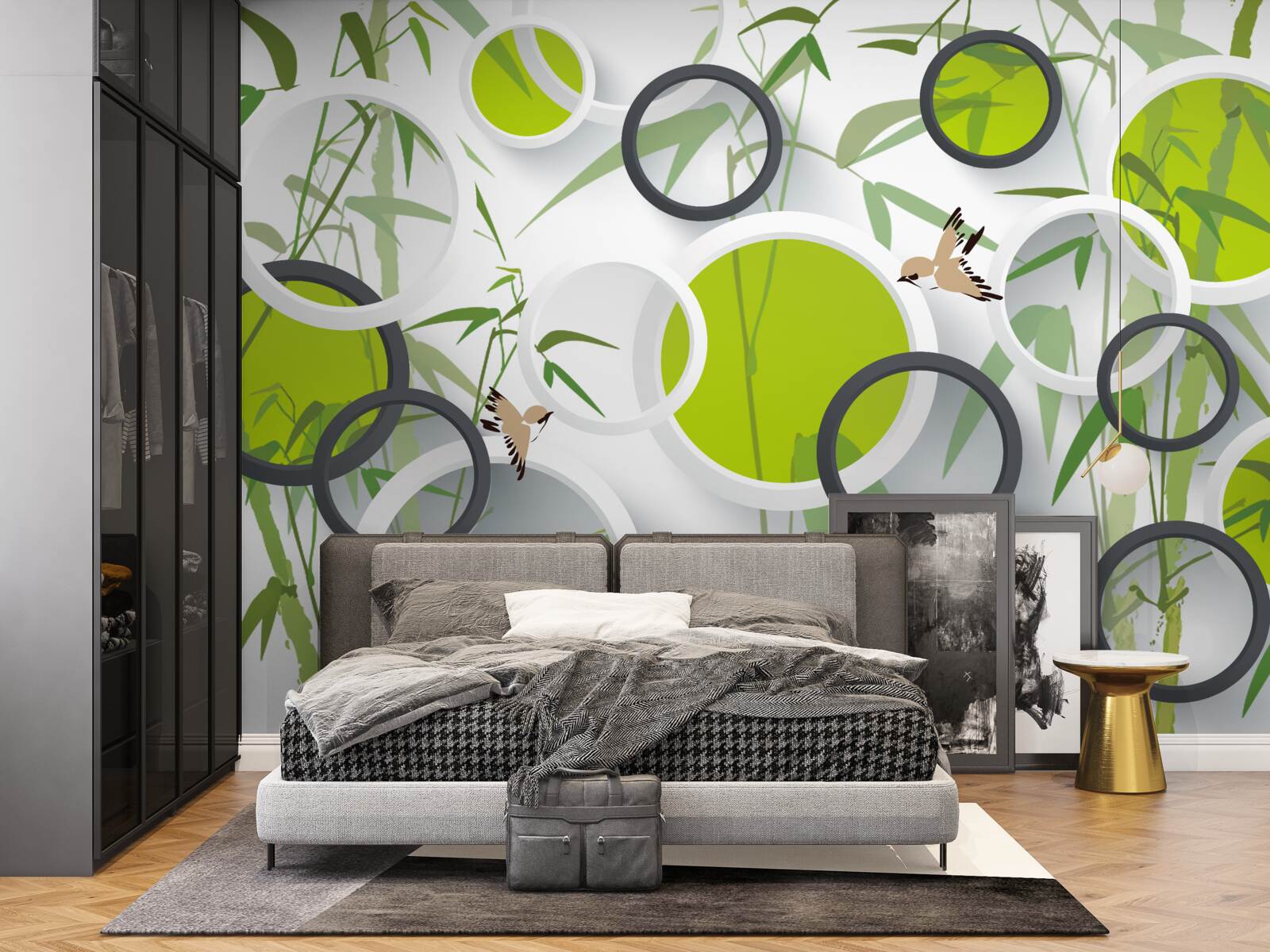 Papier peint cercles sur les plantes et les oiseaux