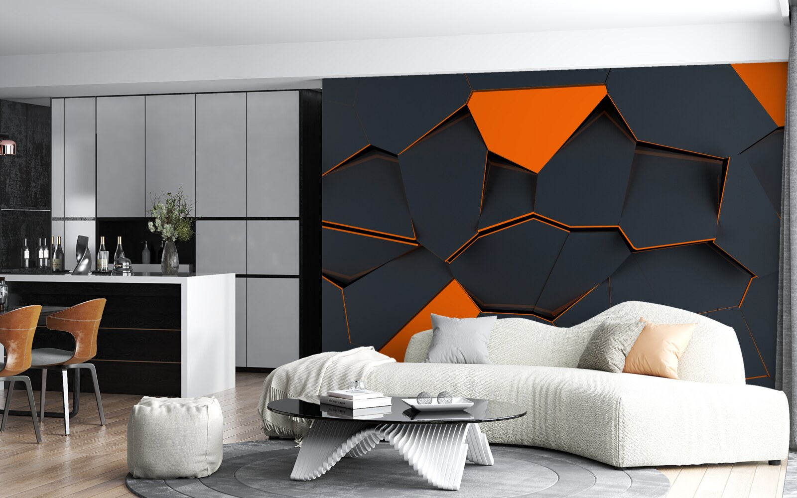Papier peint formes géométriques dans les tons noir et orange