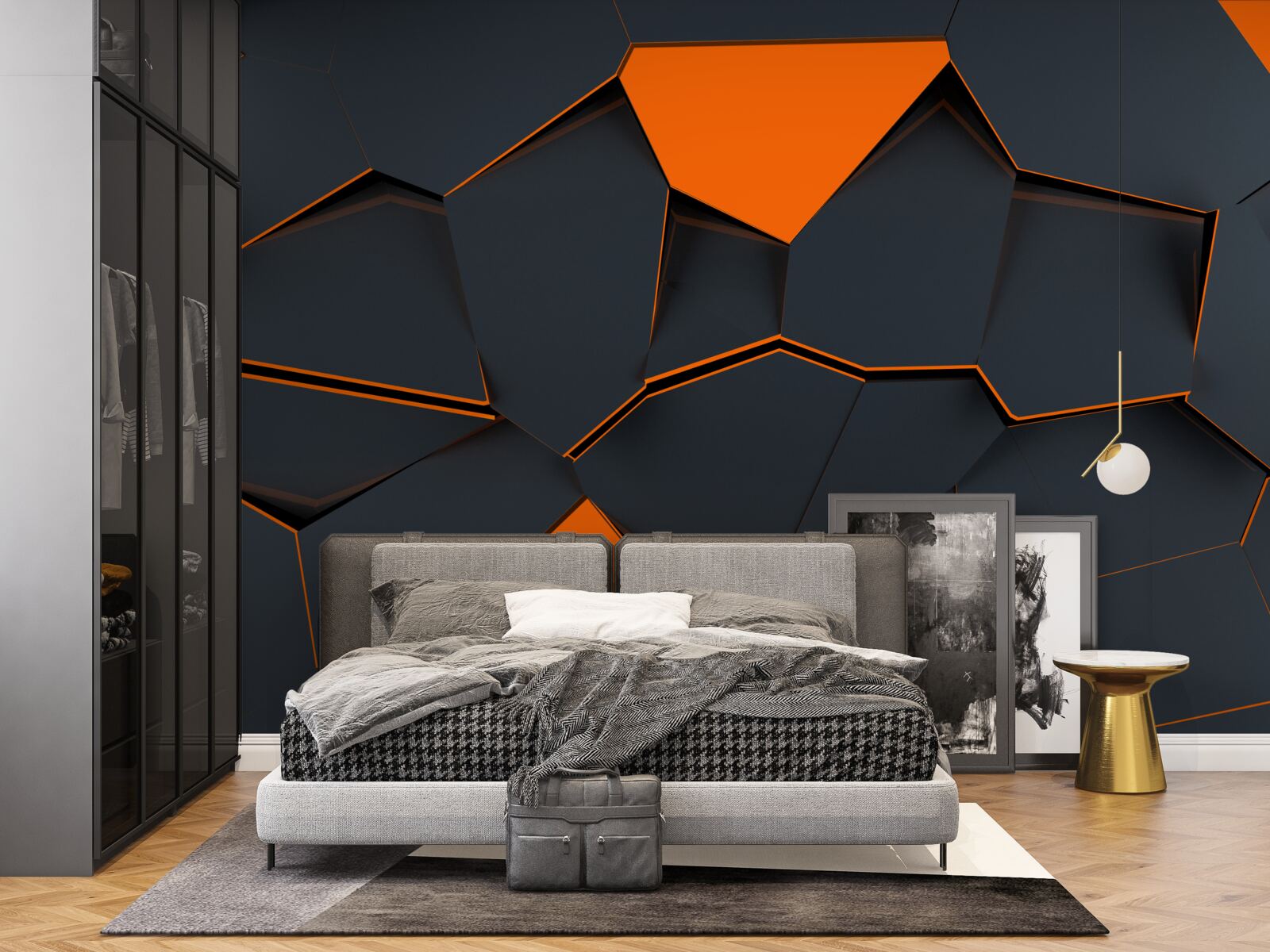 Papier peint formes géométriques dans les tons noir et orange